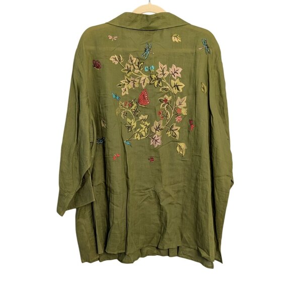 Citron Santa Monica 3X Green Button-Up Embroidered Ramie Tunic Top Boho Artsy - Picture 5 of 16